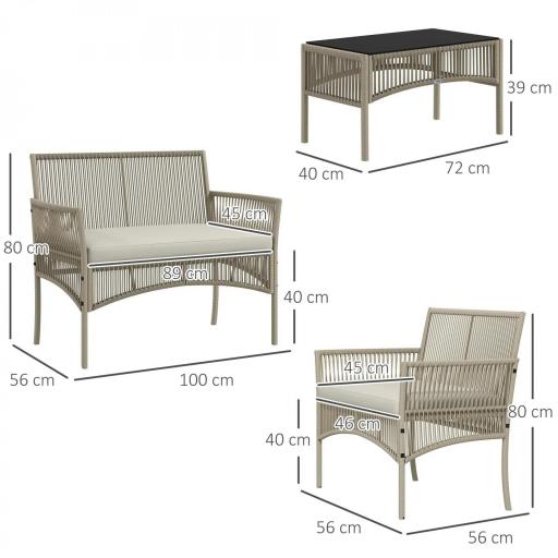 Juego de 4 Piezas Muebles de Terraza con 1 Sofá de 2 Plazas 2 Sillones y 1 Mesa de Centro con Encimera de Cristal Caqui [1]