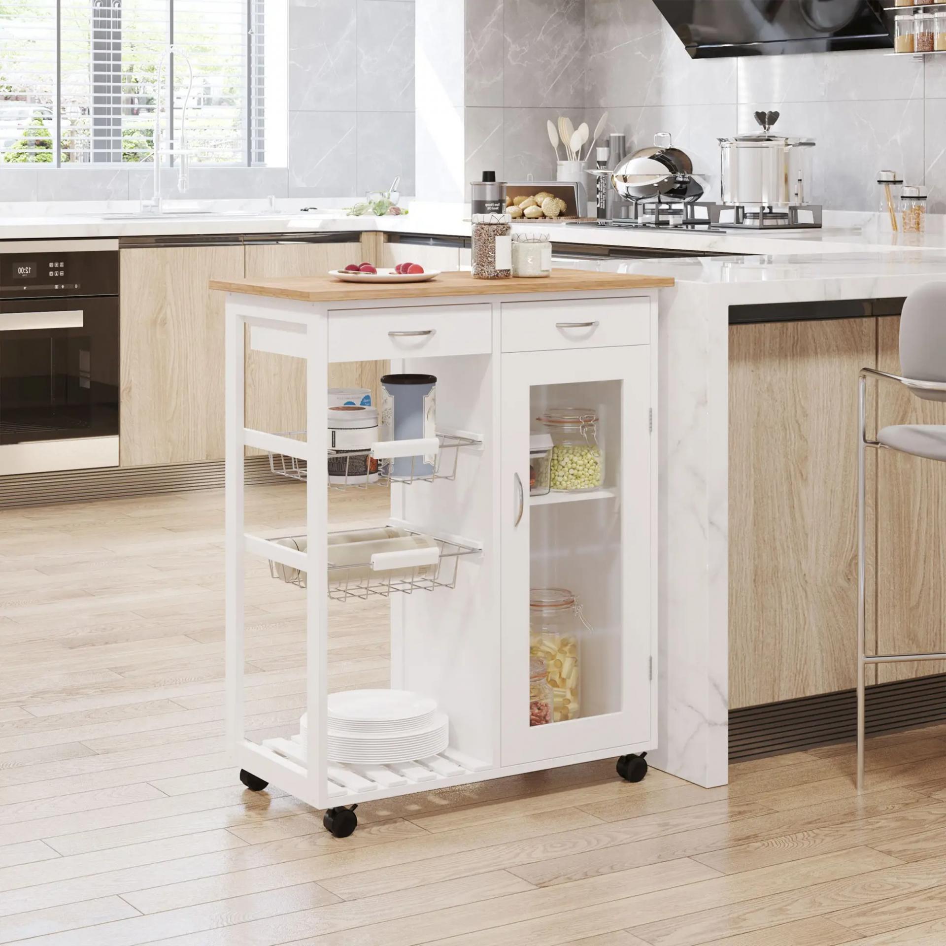 Carro de Cocina Multiusos Carrito Auxiliar con Ruedas para Dormitorio con Estantes Cestas Cajones 70x37x85cm Madera