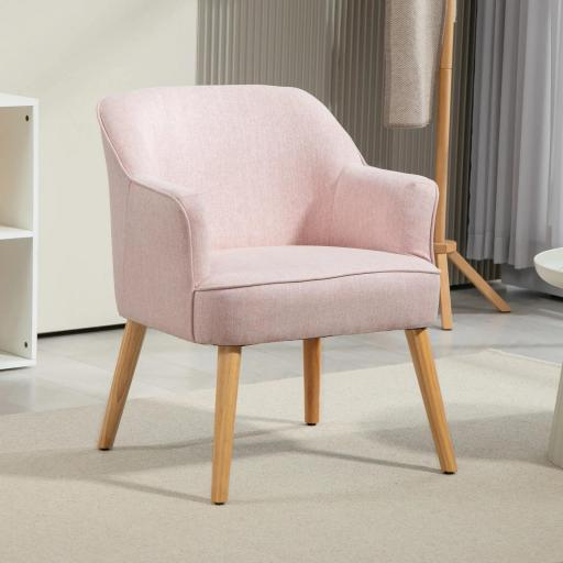 Butaca de Salón Moderna Sillón Individual Tapizado en Lino con Patas de Madera Carga 120 kg 64,5x65x79,5 cm Rosa