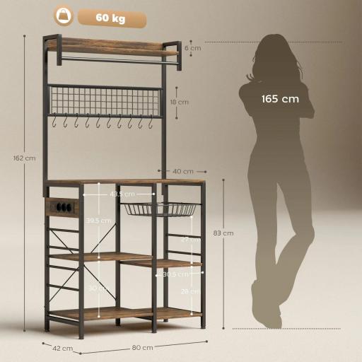 Estantería de Cocina con Tres Enchufes y Luces LED Industrial con Estantes para Microondas 80x42x162 cm Marrón Rústico [1]