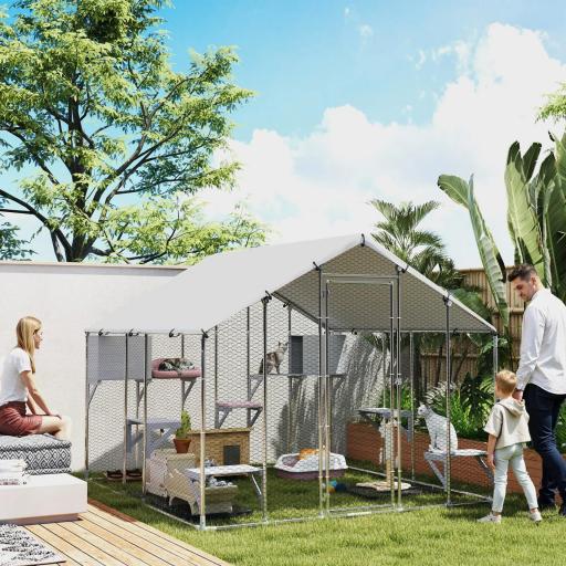 Jaula Grande para Gatos Exterior con 2 Casitas 7 Plataformas para Saltar Cubierta Impermeable y Anti-UV 240x193x195 cm