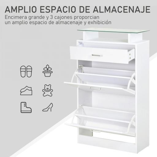 Organizador de Zapatos Multifuncional Zapatero con 3 Cajones Estante de Vidrio Asa de Aluminio para Pasillo Tablero de Partículas Carga 50 kg 60x24x105,5 cm Blanco [5]
