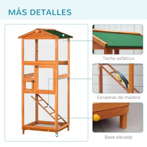 Jaula para Pájaros Grande de Madera de Abeto con 2 Puertas Bandeja Extraíble y Techo Asfáltico 68x63x165cm Madera [4]