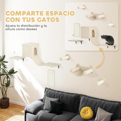 Juego de Escalada para Gatos de Pared de 6 Piezas con Condominio Plataforma Hamaca Escaleras y Tabla de Rascar Beige [3]