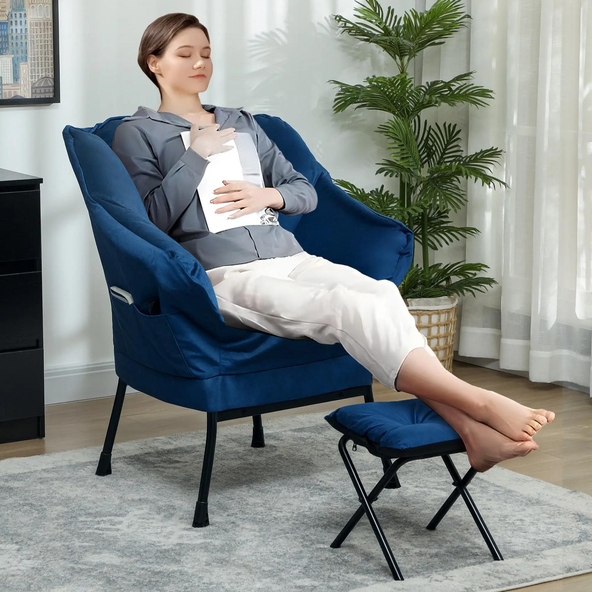 Sillón de Salón con Otomana Sillón de Relax con Bolsillos Laterales y Patas de Acero para Sala de Estar Dormitorio Azul