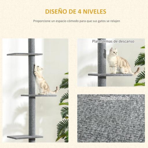 Árbol Rascador para Gatos de Suelo a Techo Torre para Gatos con Altura Ajustable 43x27x228-260 cm Gris [3]