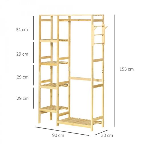Perchero Burro de Bambú Perchero de Pie con Estantería de 4 Niveles con Barra Estante Inferior y Colgador Lateral para Ropa Bolsas Dormitorio 90x30x155 cm Natural [1]