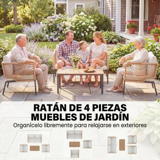 Conjunto Jardín Exterior de 4 Piezas con Sofá 2 Sillones y Mesa WPC Ratán PE Tipo Cuerda Cojines Acolchados Blanco [6]
