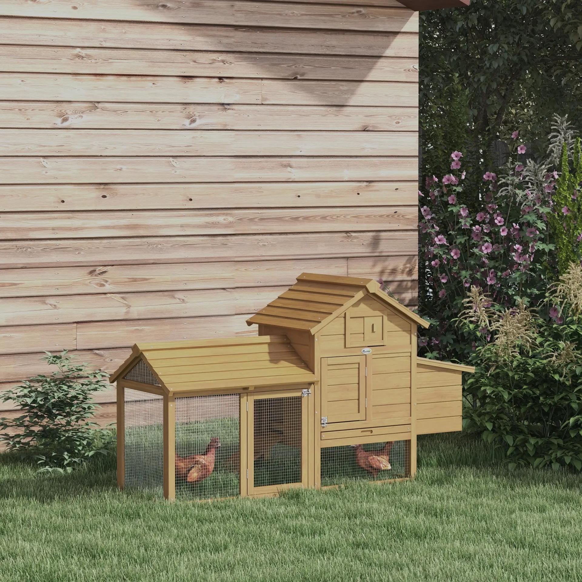 Gallinero de Madera para Exterior Jaula para 2-3 Gallineras con 2 Corrales de Alambre Techo Abrible Caja Nido Bandeja Extraíble y Rampa 150,5x54x87 cm Natural