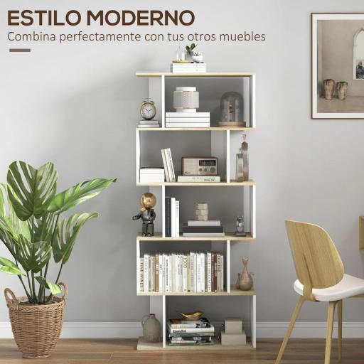 Estantería Estilo Nórdico Librería con 5 Estantes Antivuelco Carga 25 kg 70x29,5x163 cm Roble y Blanco [3]