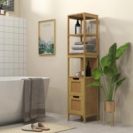Armario Alto para Baño con 3 Estantes y 2 Cajones de Bambú Estilo Moderno 30x30x144,3 cm Natural [2]