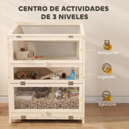 Jaula para Hámster de Madera de 3 Niveles con Bebederos Casetas Balancines Bandeja Extraíble y Tapas Abatibles Natural [4]