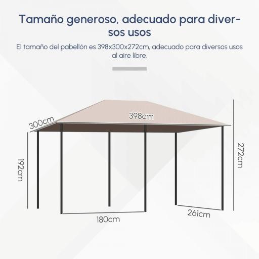 Cenador de Jardín 4x3 m con 6 Paredes Laterales 8 Orificios de Drenaje y Marco de Acero para Fiestas Patio Caqui [2]