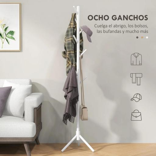 Perchero de Pie de Madera Forma de Árbol con 8 Ganchos para Colgar Ropa Bolsos en Pasillo Entrada 40x40x165 cm Blanco [2]