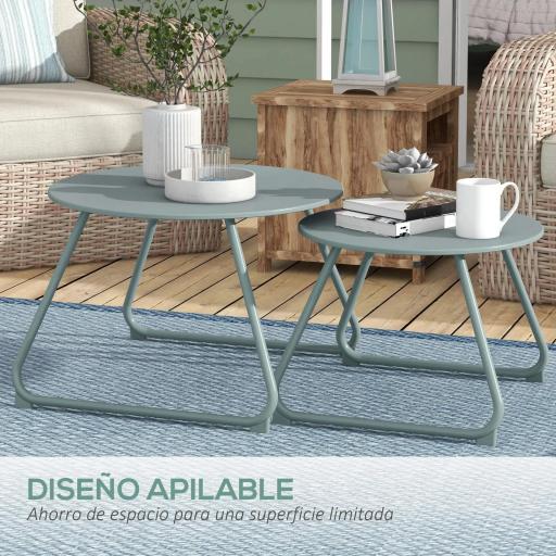 Juego de 2 Mesas de Jardín Apilables con Estructura de Metal y Recubrimiento Epoxi Anticorrosivo para Terraza Azul [2]