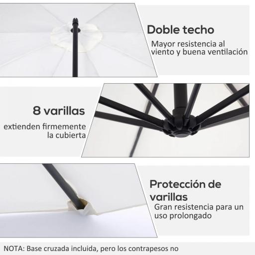 Sombrilla de Jardín 295 cm Parasol Excéntrico Inclinable con Manivela Base Cruzada y Soporte de Acero Crema [3]