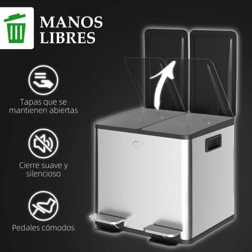 Papelera de Cocina de Acero Inoxidable con 2 Compartimentos 2x20L Pedal Tapas de Cierre Suave y Cubo Extraíble Plata [6]