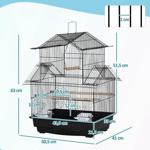 Jaula para Pájaros de Acero Pajarera con Bandeja Extraíble y 2 Comederos Pinzones Periquitos 50,5x41x63 cm Negro [1]
