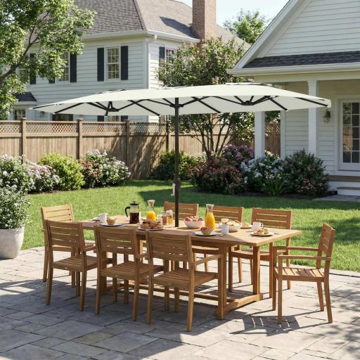 Sombrilla Doble de Jardín 4,6x2,6 m con Manivela Manual Protección UV50+ Funda Resistente al Agua Blanco Crema [7]