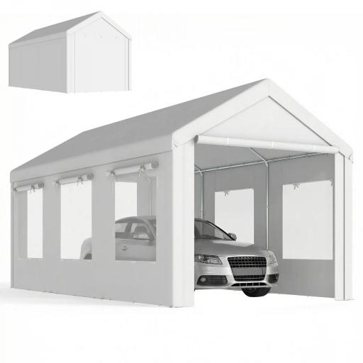 Garaje Exterior para Coche 3x6 m Impermeable de PE Resistente Marco de Acero Galvanizado Altura Ajustable Blanco [8]