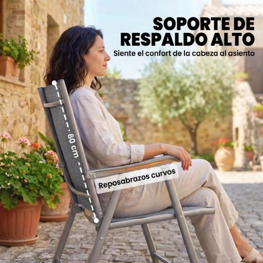 Conjunto de 4 Sillas de Jardín Exterior Plegables con Respaldo Alto y Reposabrazos para Terraza Playa 58x62x97 cm Gris [6]