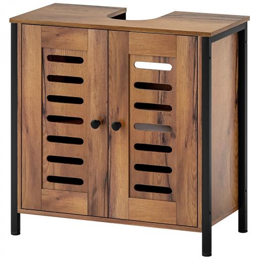 Mueble Bajo Lavabo Industrial 2 Puertas de Lamas con Cierre Magnético Estante Ajustable 60x30x60 cm Marrón Rústico [9]