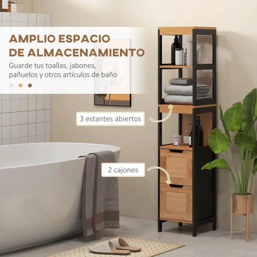 Armario Alto para Baño con 3 Estantes y 2 Cajones Estilo Moderno 30x30x144,3 cm Negro y Natural [4]