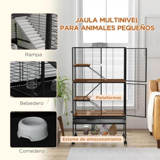 Jaula para Animales Pequeños de 4 Niveles con Ruedas Rampa Comedero Bebedero y Bandeja Extraíble 78x45,5x136 cm Negro [5]