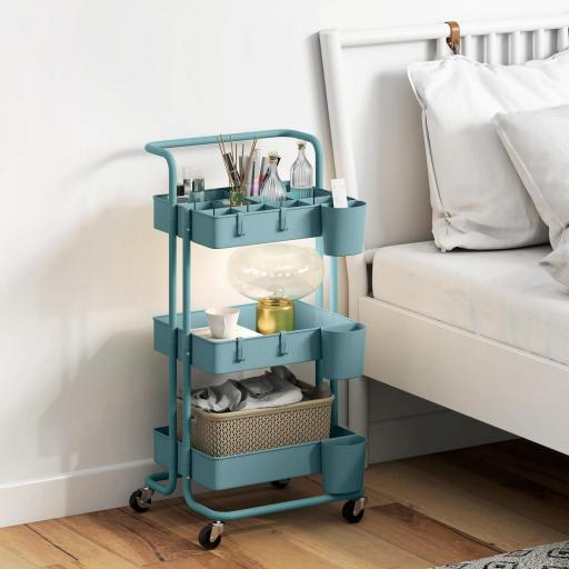 Carrito Auxiliar con Ruedas Carro de Almacenaje Multifuncional con Ganchos y Cajas Colgantes 42x38x86,5 cm Azul Verdoso [6]