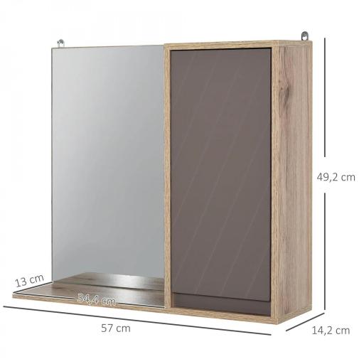 Armario de Baño con Espejo Mueble Auxiliar Montado en Pared con 1 Puerta y Estante Ajustable Estilo Moderno 57x14,2x49,2 cm Roble y Gris [1]