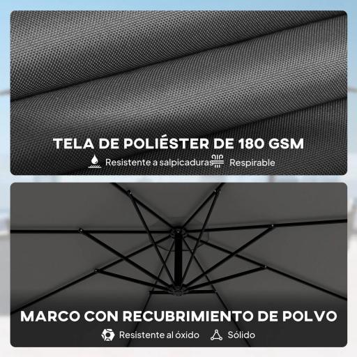 Parasol Excéntrico Ø300 cm con Base Cruzada Toldo Ajustable y Manivela UPF30+ para Terraza Patio Gris [7]