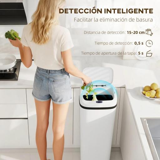Cubo de Basura Cocina Automático 50 L Estrecha de Acero Inoxidable con Sensor Infrarrojo Modo Manual Antihuellas Blanco [6]