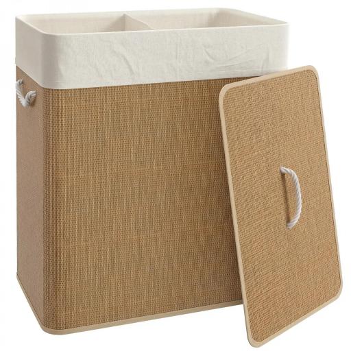 Cesto de Ropa Sucia de Bambú con 2 Compartimentos Asas para Facilitar el Uso y Bolsas Desmontables Lavables 52x32x63 cm [10]