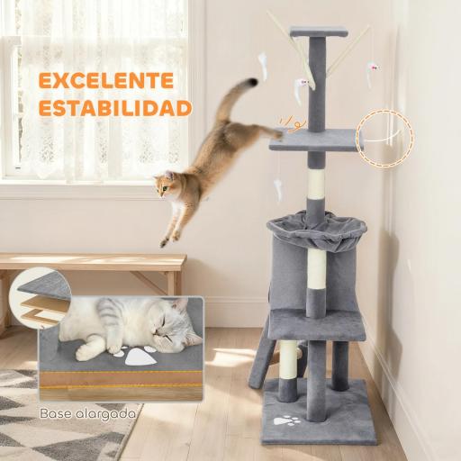 Árbol Rascador para Gatos Altura 134 cm con 6 Postes 3 Plataformas Cueva Hamaca Escalera 4 Juguetes Colgantes Gris [3]