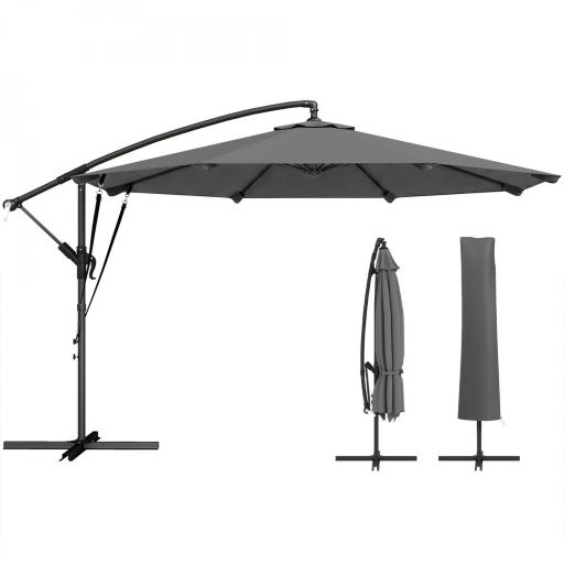 Parasol Excéntrico Ø300 cm con Base Cruzada Manivela Funda Protectora y Cuerdas de Viento UPF30+ Gris Oscuro [10]