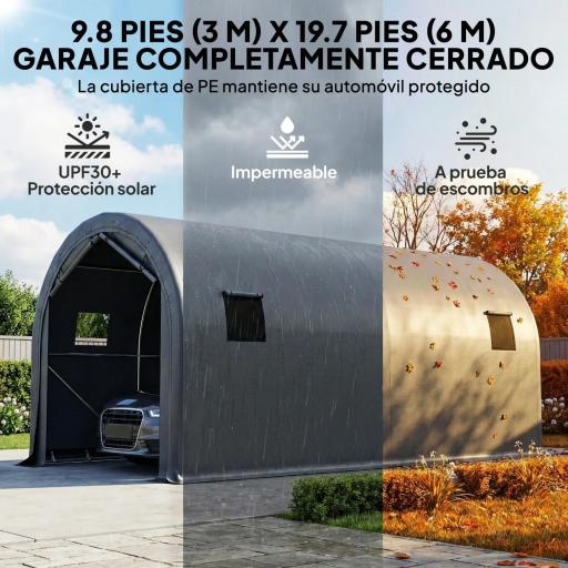 Garaje Exterior para Coche 3x6 m Impermeable con Tejido PE Resistente Marco de Metal Galvanizado UPF 30+ Gris Oscuro [2]