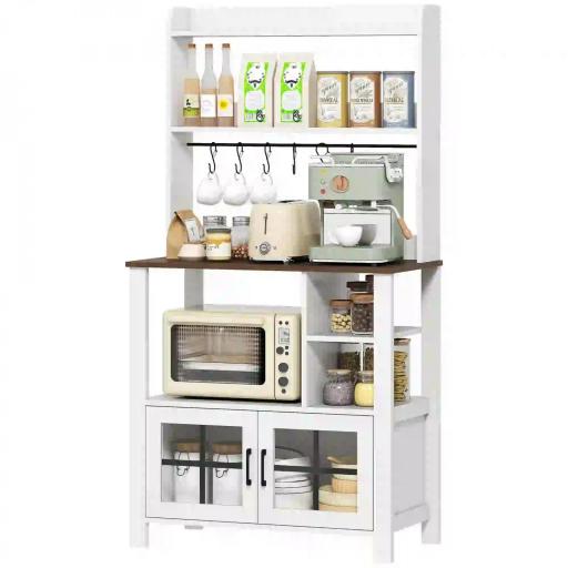 Alacena de Cocina con 6 Ganchos para Tazas 2 Puertas de Vidrio Estantes Abiertos 80x40x152 cm Blanco [8]