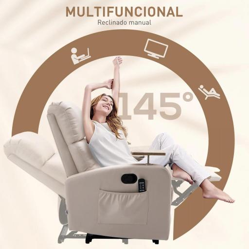 Sillón de Masaje con 4 Modos Vibración Reclinación 145° Mando a Distancia 77x93x105 cm Beige [3]