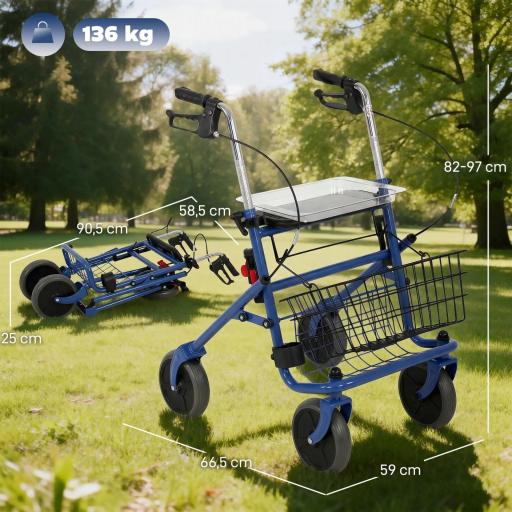 Andador para Ancianos Plegable con Asiento 4 Ruedas Altura Ajustable Frenos de Maneta Cesta Bandeja Porta Bastón Azul [1]
