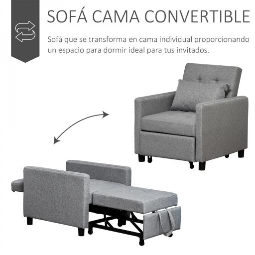 Sofá Cama de 1 Plaza Tapizado en Lino con Respaldo Ajustable de 3 Niveles y Almohada Acolchada 69x82,5x84 cm Gris [2]