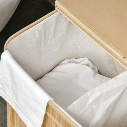 Cesto de Ropa Sucia 90 L de Bambú con 2 Compartimentos Asas Bolsa Interior Extraíble 54,2x35,2x59,5 cm Natural [5]