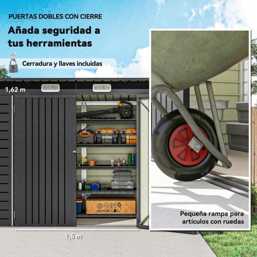 Caseta de Jardín Exterior 2,7m² 249x121x183 cm con Doble Puerta 2 Ventilaciones y Pestillo Gris [6]