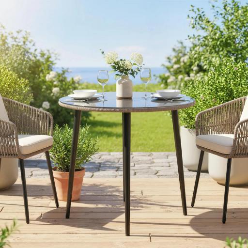 Mesa de Comedor de Jardín con Tablero de Vidrio Templado con Borde de Ratán Estructura de Acero 80x80x74 cm Gris [7]