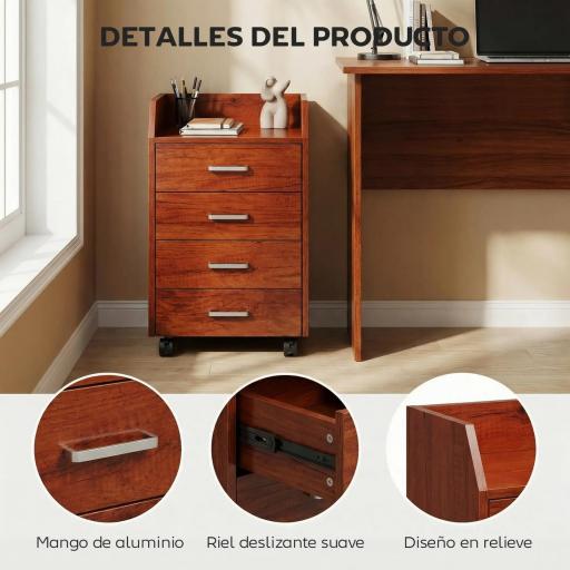 Cajonera de Escritorio con Ruedas Cajonera de Oficina con 4 Cajones Archivador Móvil para Estudio 40x36x65 cm Marrón [6]
