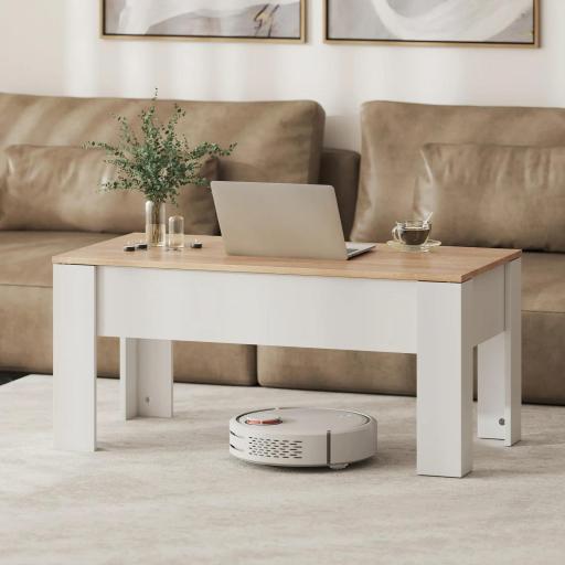 Mesa de Centro Elevable con Encimera Elevable con Espacio Oculto de Almacenaje 100x50x45-58,5 cm Blanco y Natural [5]