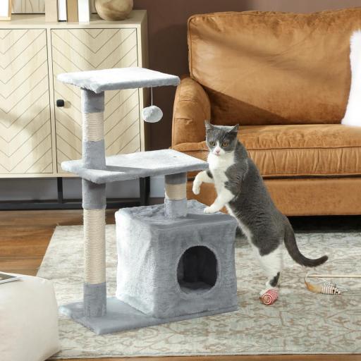 Árbol Rascador para Gatos 81,5 cm Torre para Gatos con Postes de Sisal 2 Plataformas Cueva y Bola Colgante Estilo Elegante 50x30x81,5 cm Gris