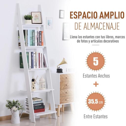 Estantería de Escalera Moderna Estantería para Libros Librería con 5 Estantes para Salón Oficina 50x40x195 cm Blanco [2]