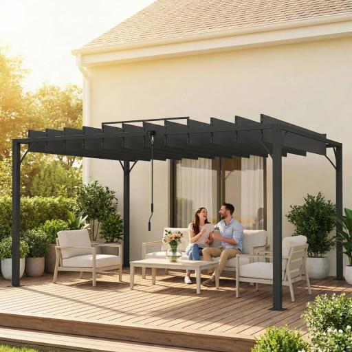 Pérgola de Jardín 3x4 m con Protección UPF 50+ Gazebo con Techo Ajustable Estructura de Aluminio para Exterior Gris [3]