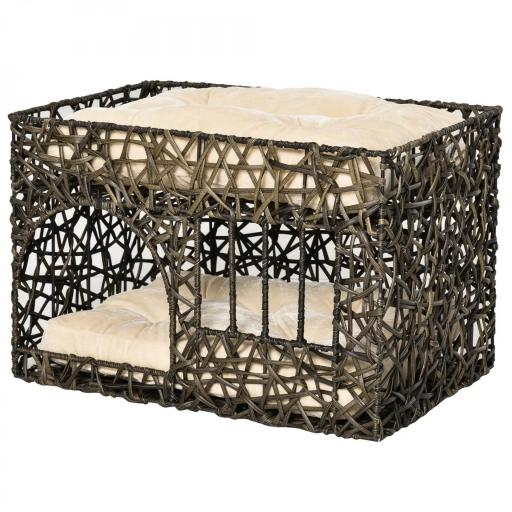 Cesta de Ratán para Gatos de 2 Alturas Cama Cueva de Gatos con 2 Cojines Suaves y Ventana 56x41x45 cm Café Oscuro [7]