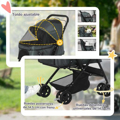 Carrito para Perros Plegable con Mango Reversible Ventana de Malla Cesta de Almacenamiento 76,5x52x95 cm Gris [5]
